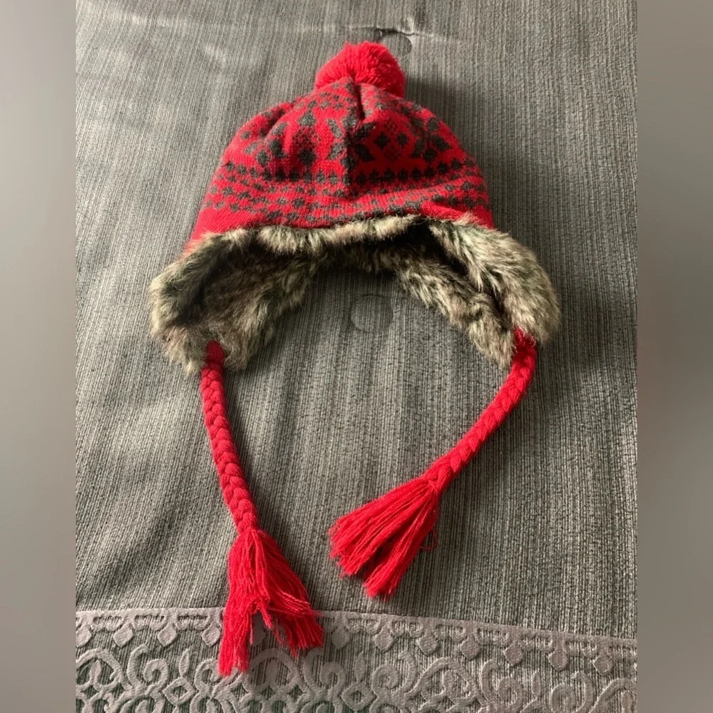 Vintage Faux Fur Christmas Snowflake Ski Winter Hat Red Grey